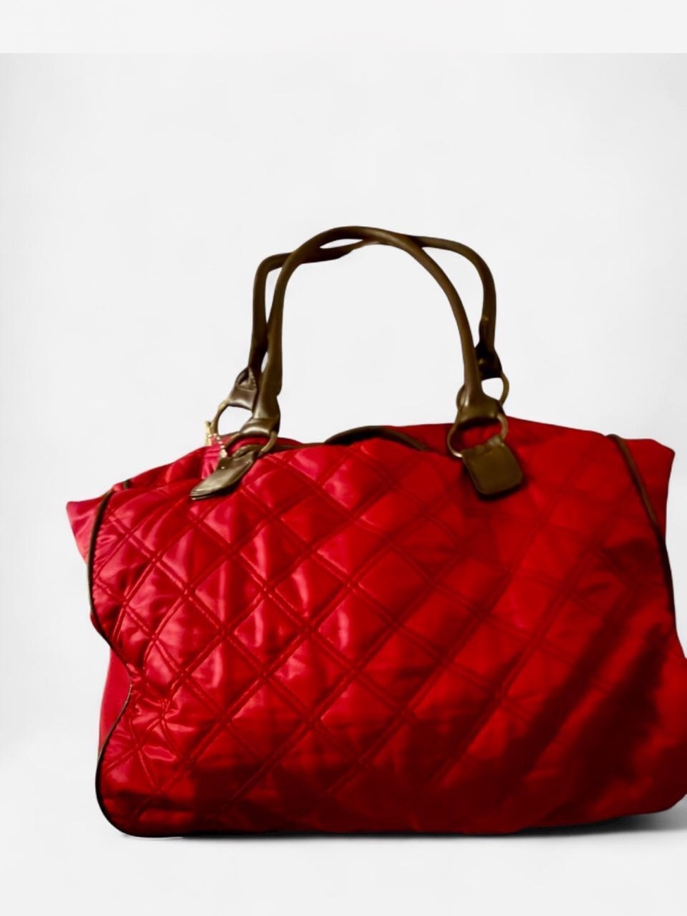 Red Quilted Tote Bag with Brown Handles